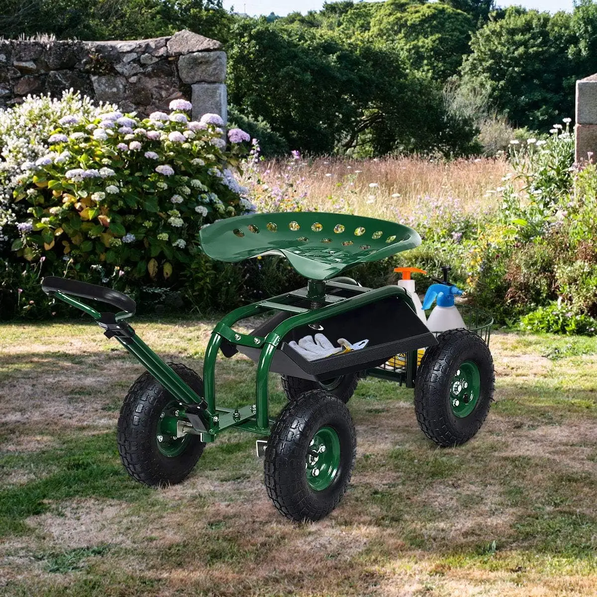 Garden Cart Rolling Seat Outdoor Stool Wheels Tool Tray Basket Steering Handle Adjustable 360 Swivel Planting Gardening Scooter