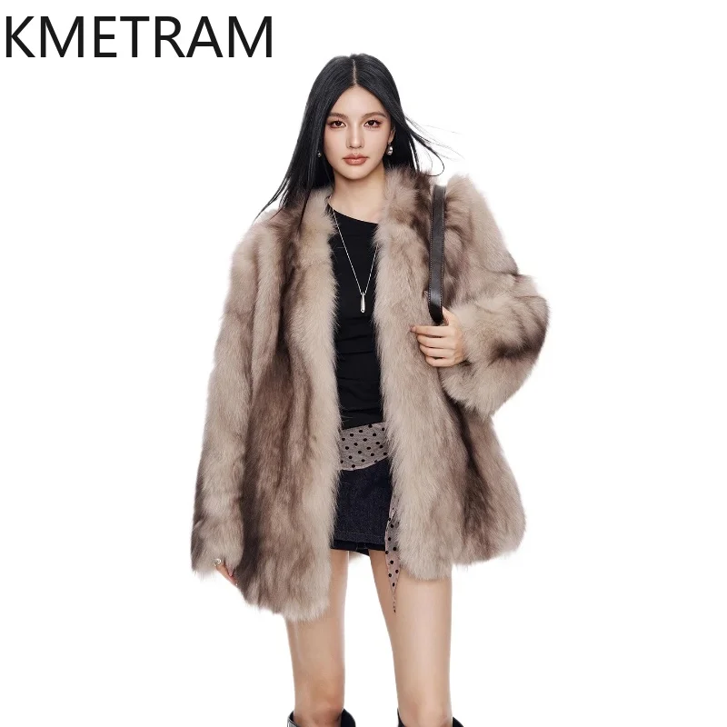 معطف فرو الثعلب الطبيعي 100% من KMETRAM سترة نسائية فاخرة متوسطة الطول من الفرو الحقيقي شتاء جديد في معاطف ملابس نسائية 2025 schuba femenska