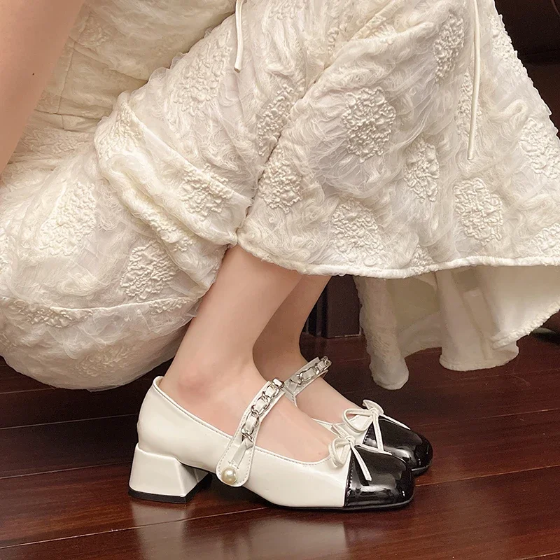 2025 Lolita Style Cute Round Head  Jane Pumps With Bow Women's Sweet Party Dress Midi Heels Shoes Fashion PU Sandals Fashion New