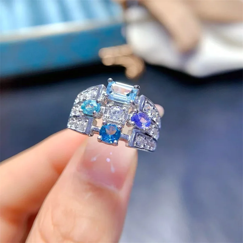 925 Sterling Silver Natural Topaz Tanzanite Wedding Ring for Women Gemstone Bride Anniversary Jewelry Gift with Certificate
