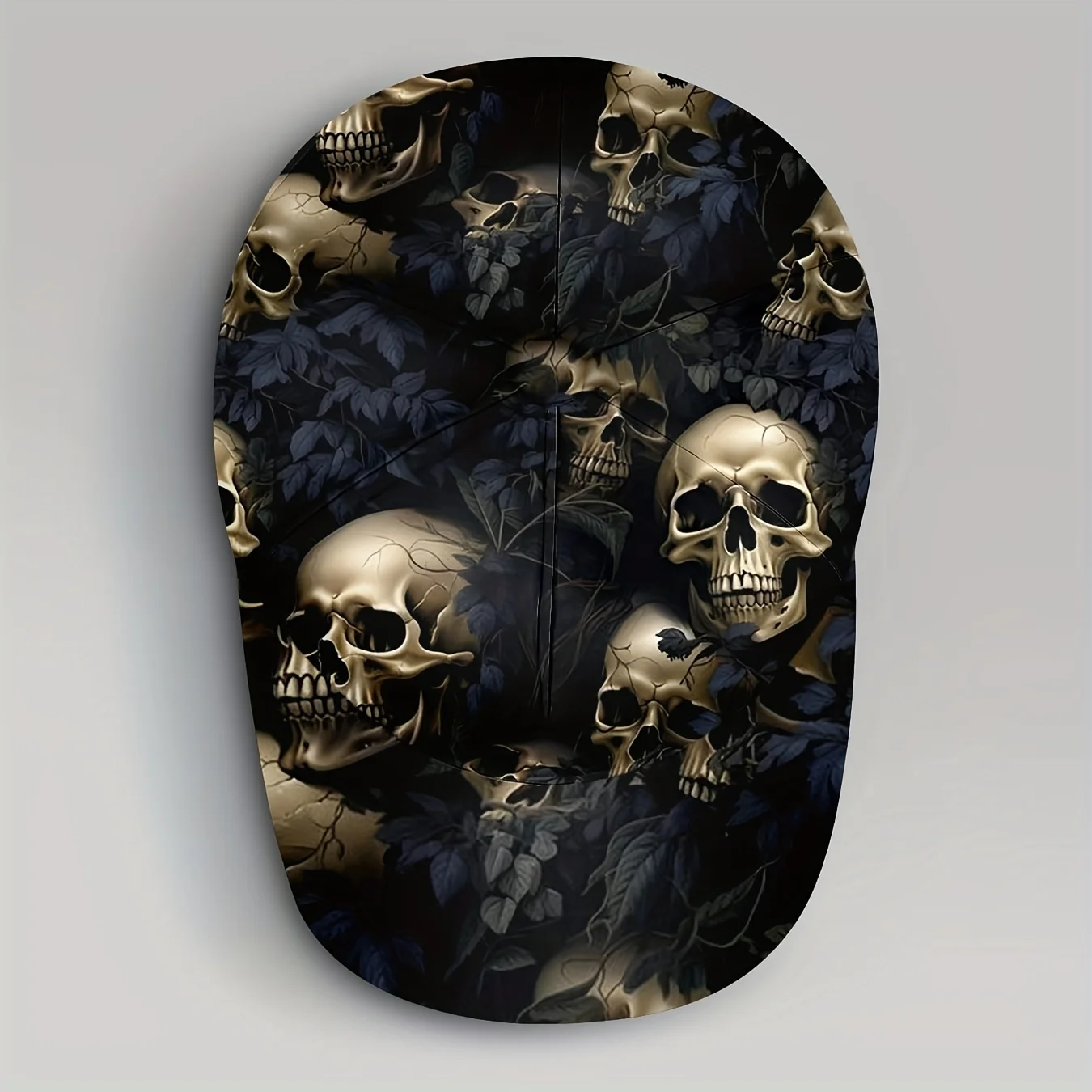 Skull and Leaves Pattern Unisex Full Print Baseball Cap Golden Skulls with Blue Foliage Design Hat Adjustable Fashion Accessory