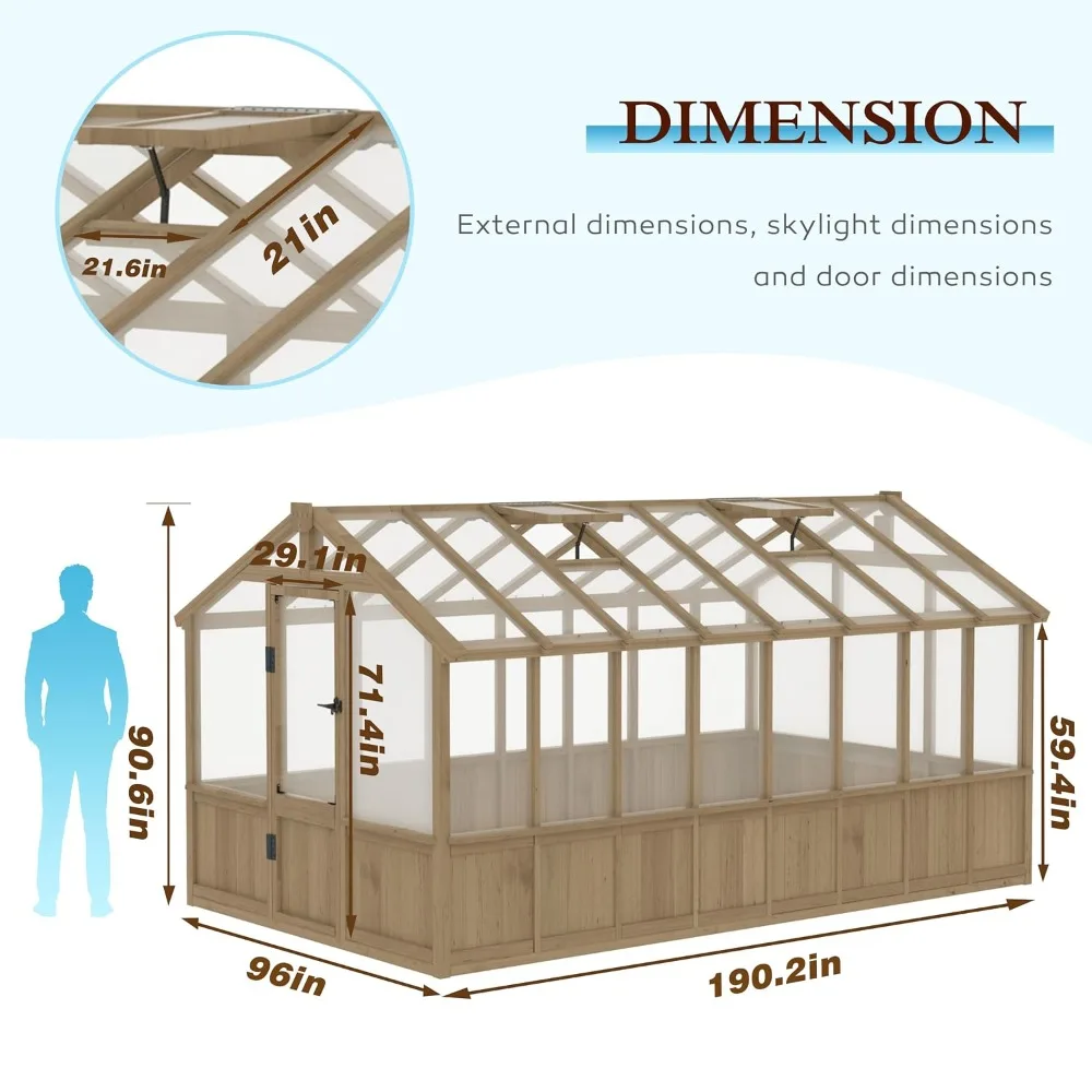 8 x 16 FT Wooden Greenhouse for Outdoor, Heavy Duty Greenhouse Kit with Window Vent and Lockable Door, Walk-in Green, Custom