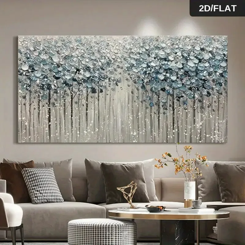 2D Flat Modern Abstract Blue & White Forest Canvas Wall Art - Frameless Abstract Canvas Prints for Living Room and Bedroom Decor