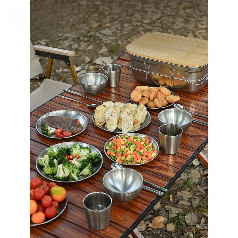 4-Person tableware set 304 stainless steel portable tableware and chopsticks camping picnic camping supplies and equipment