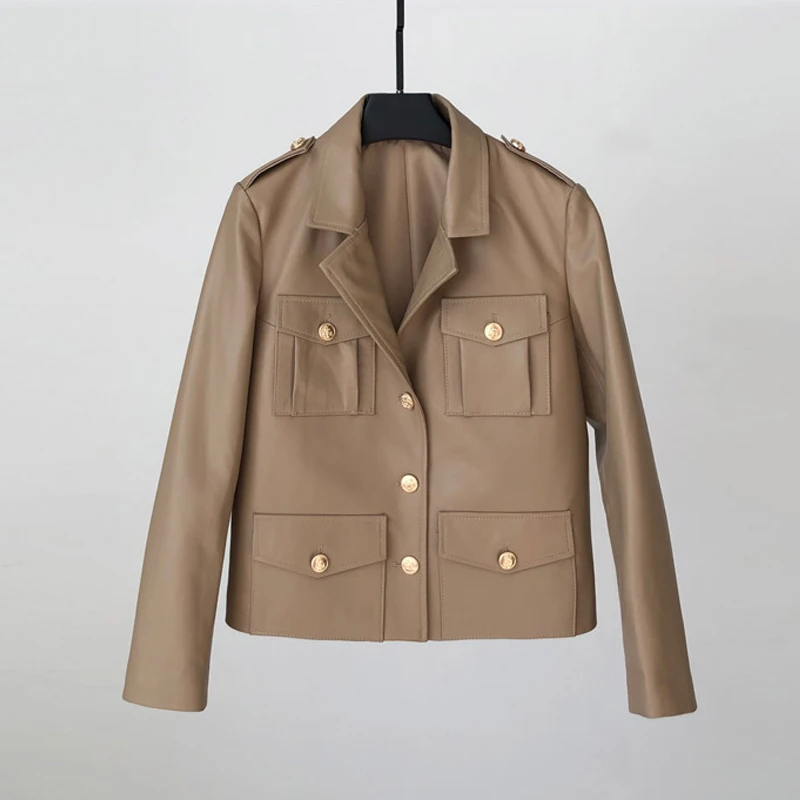 100% Genuine Leather Women's Casual Jacket Coats 2025 Fall Chic Single-breasted Pockets Ladies Slim Suit Collar Sheepskin Jacket