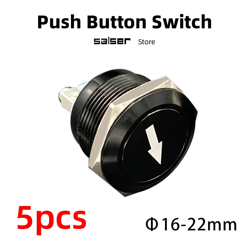 5pcs 16/19/22mm Metal Push Button Switch Anodize With Arrow Flat Head Screw Feet Self Reset Momentary One Normally Open 1NO