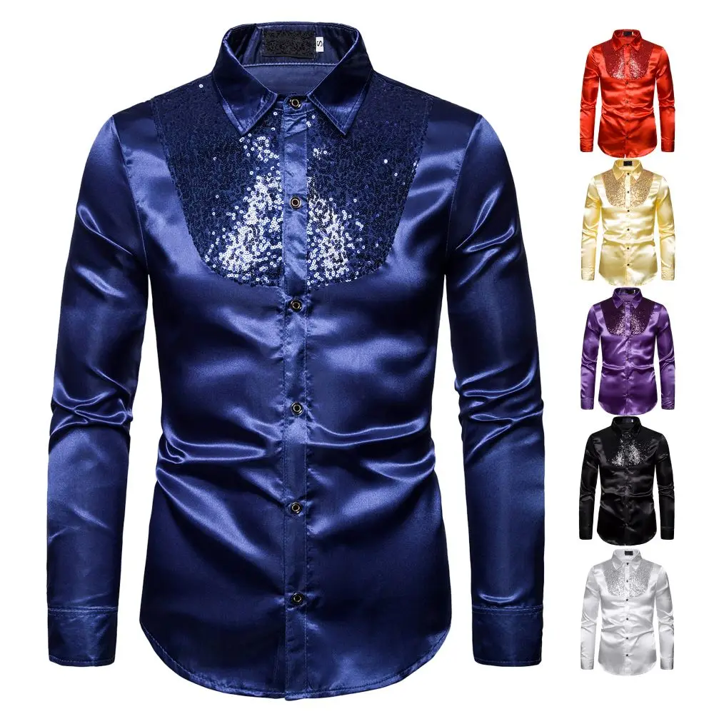 Camisa casual de lantejoulas com glitter masculina, top sexy masculino, performance de palco, casamento, apresentador, baile de formatura, festival, banquete, moda