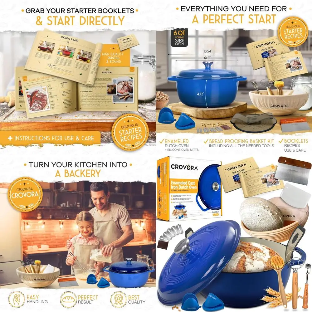 

6-Quart Enamel Cast Iron Dutch Oven with Lid for Bread Baking - Includes Sourdough Supplies: Banneton, Bread Proofing Basket, Ca