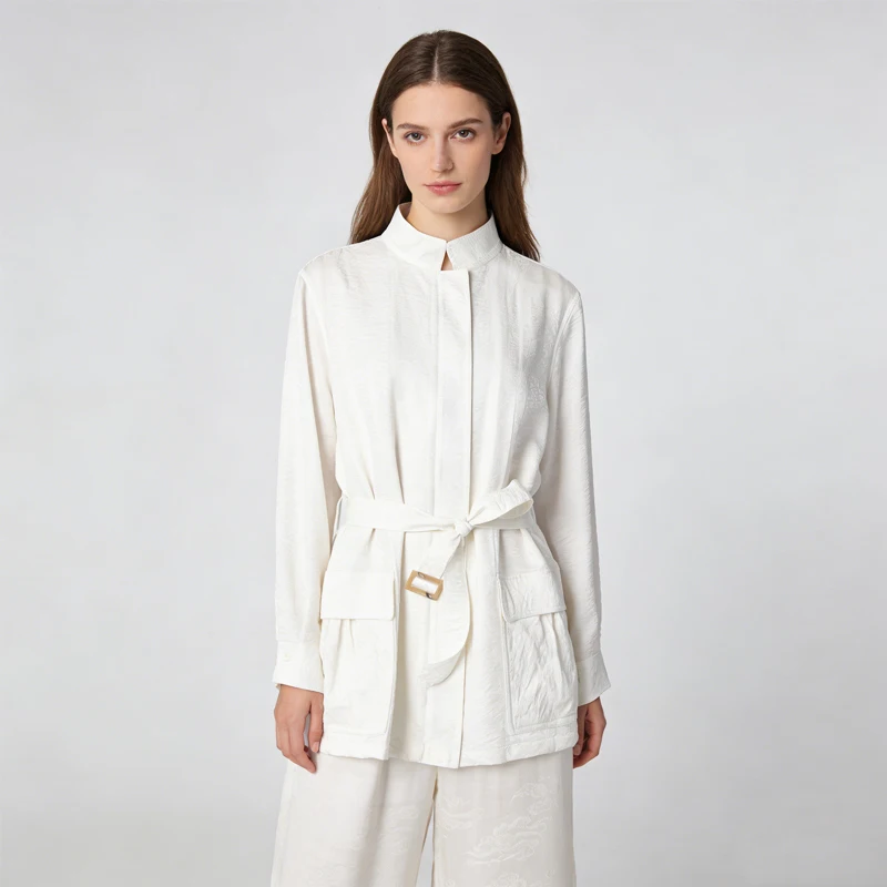 2026 Women's Fashion Spring Clothing 76% Natural Mulberry Silk Dry Silk Stand Up Collar Casual Versatile Solid Color Coat