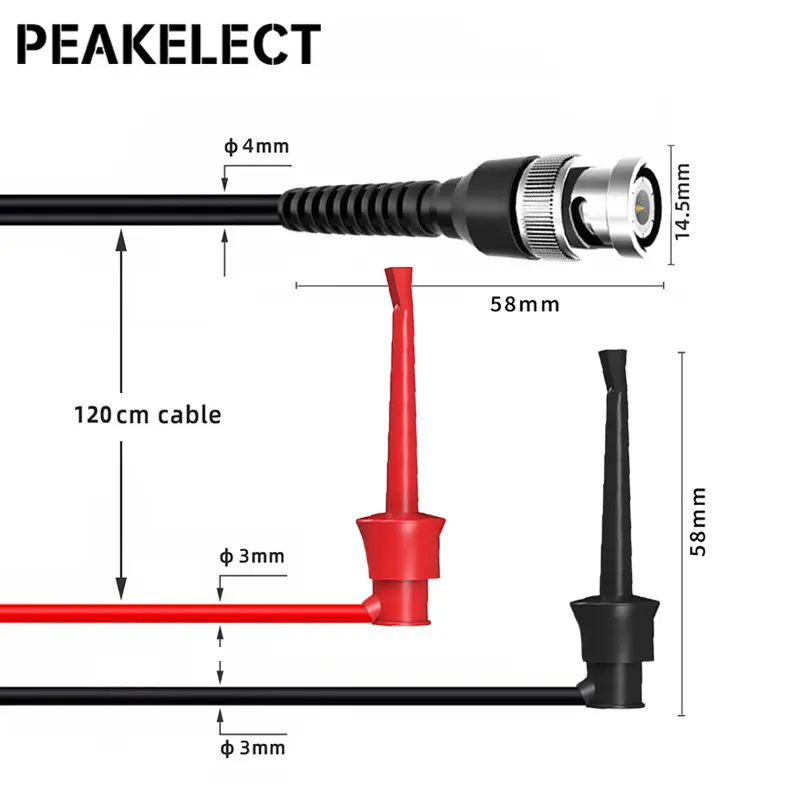 Peakelect P1007B BNC Chất Lượng Cao Dual Thử Móc Kẹp Đầu Dò Dẫn Q9 Cắm Sang Mini Tiểu Ly Cáp IC 500V 5A