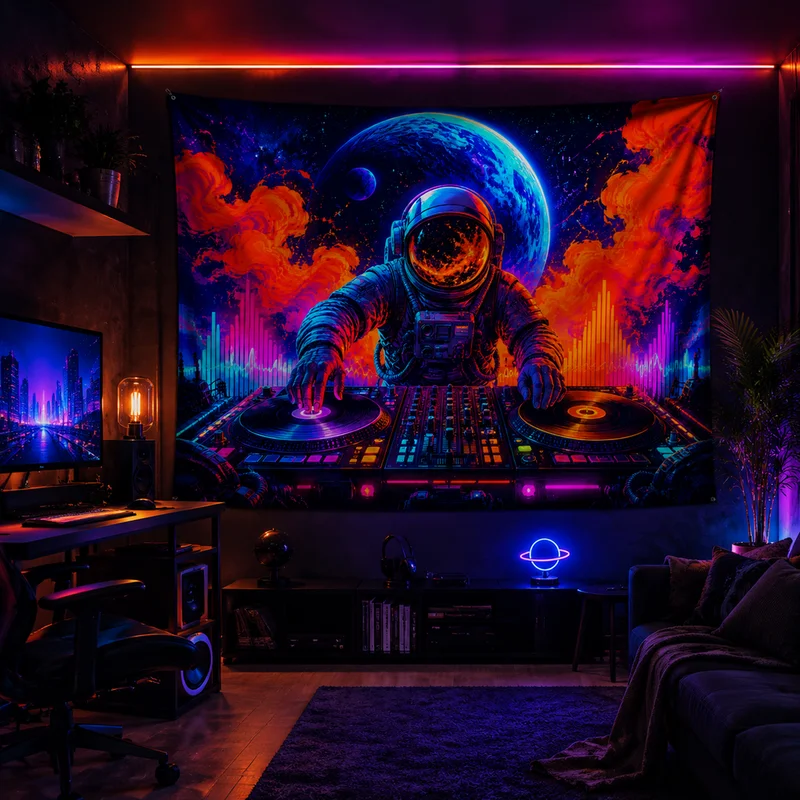 VIKAMA Neon DJ Astronaut Tapestry, Galaxy Turntable Psychedelic Electronic Music Sci-Fi Wall Hanging, Esports Bedroom Home Decor
