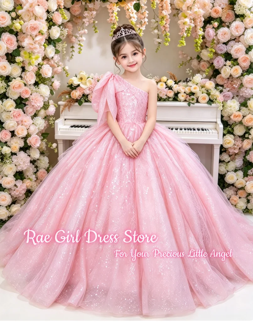 Pink Sequin Flower Girl Dress For Wedding Birthday Pageant A Line Floor Length Glitter Tulle Gown One Shoulder With Big Bow