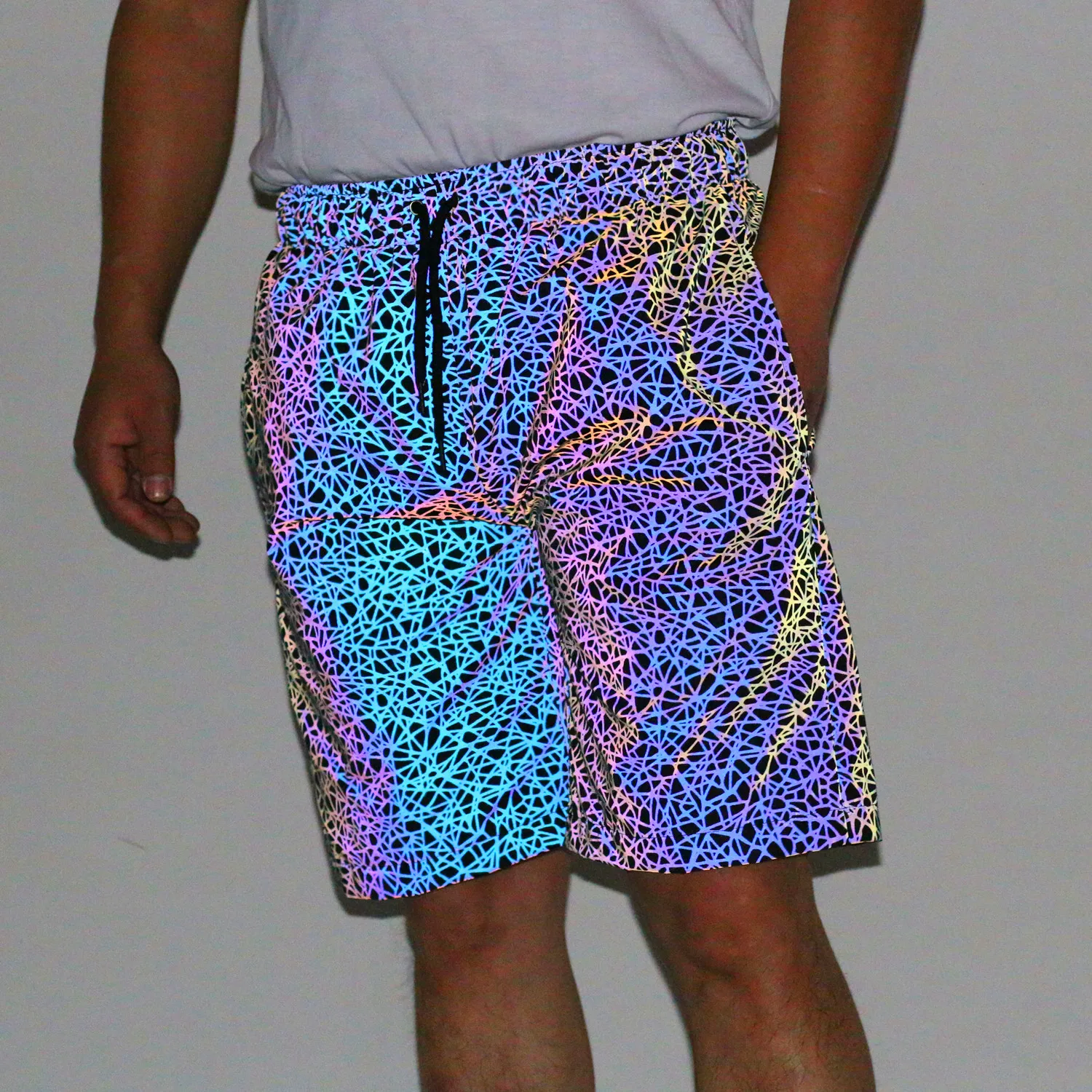 Men's Fashion High Street Reflective Short Pants Summer Reflect Short Joggers For Male Personality Shorts Elastic Waist