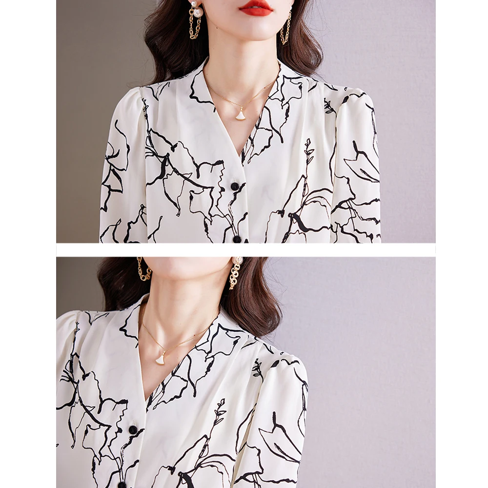 2024 New Women Clothing Loose Chic Printed Elegant Simple Blouse Office Lady V-Neck Fashion Chiffon Shirt Casual Tops Femme