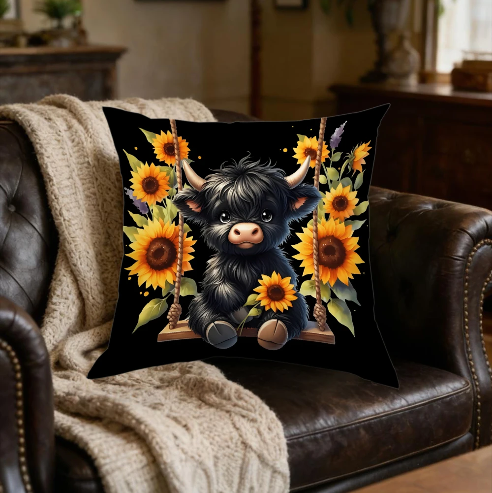 1pc Black Highland Cow Sunflower Swing Square Cushion Cover Sofa Bedroom Home Decor x-2