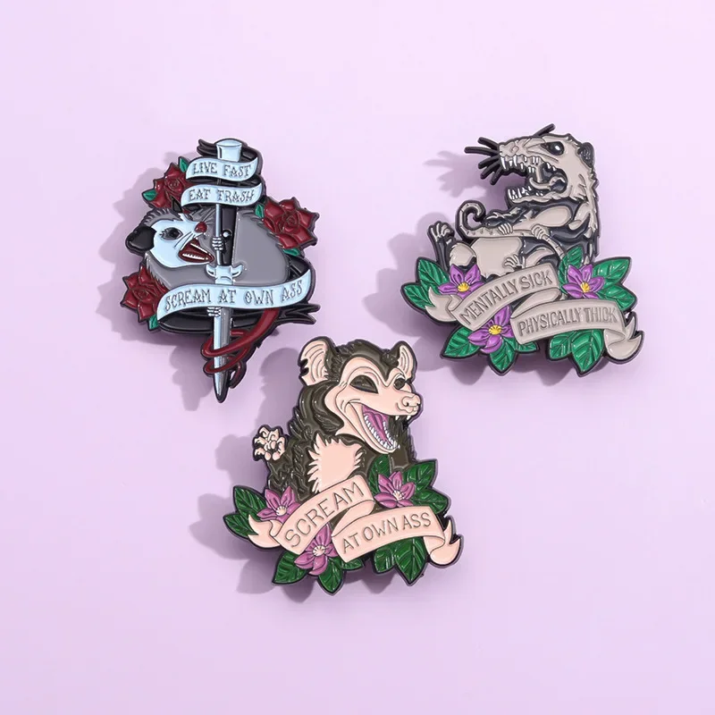 Scream At Own Ass Enamel Pins Opossum Bucktooth Live Fast Eat Trash Animal Brooches Lapel Badges Funny Jewelry Gifts Wholesale