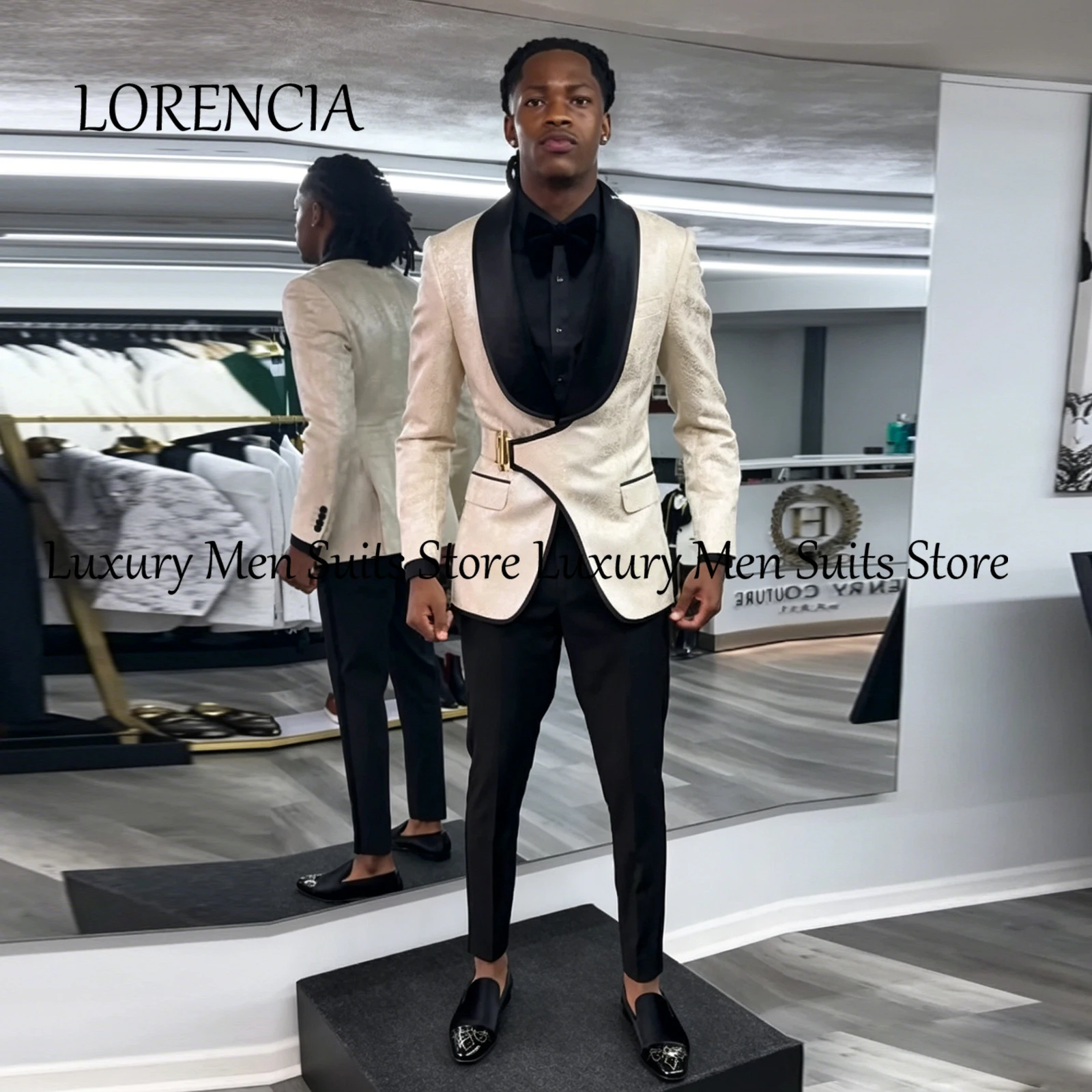 Luxury Jacquard Asymmetric Lapel Men's 2 Piece Suit Tailored Blazer Sets Wedding Groom Evening Outfit Terno Masculino Completo
