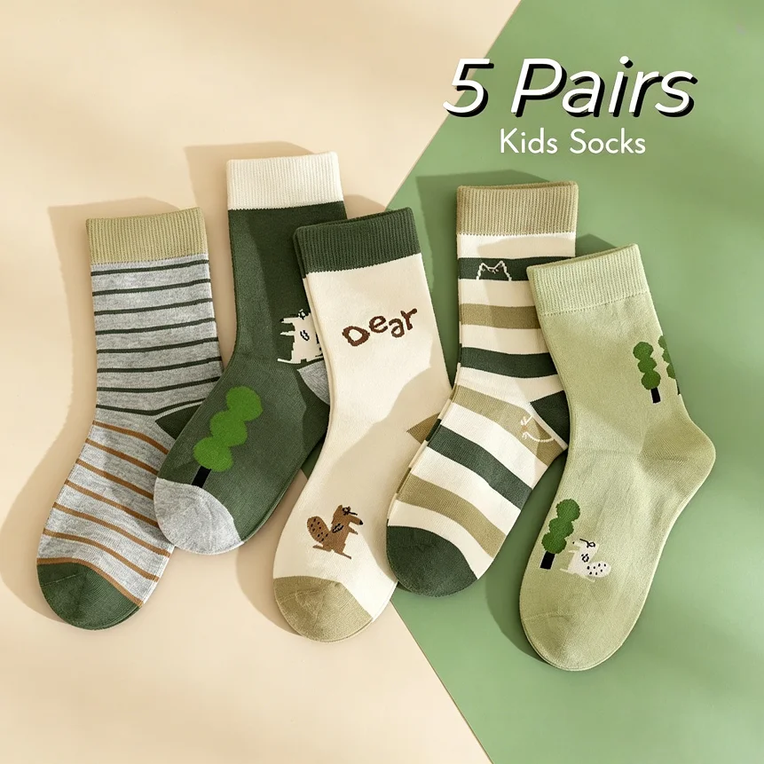 SShu Kindersocken, Frühlings- und Herbstsocken, Eichhörnchen-Cartoon-Kindersocken, atmungsaktive Baumwollsocken für Kleinkinder, 5 Paar