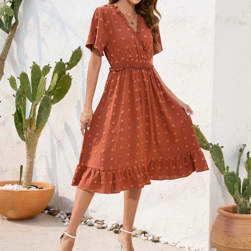 Casual solto feminino verão manga curta vestido longo elegante plissado praia vestido de verão sexy dot em camadas sólido decote em v maxi vestidos