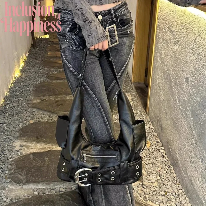 

Y2k Spicy Girl Retro Functional Armpit Bag Sweet And Cool Girl Handbag Silver Buckle Decoration Black Shoulder Bag Wallet