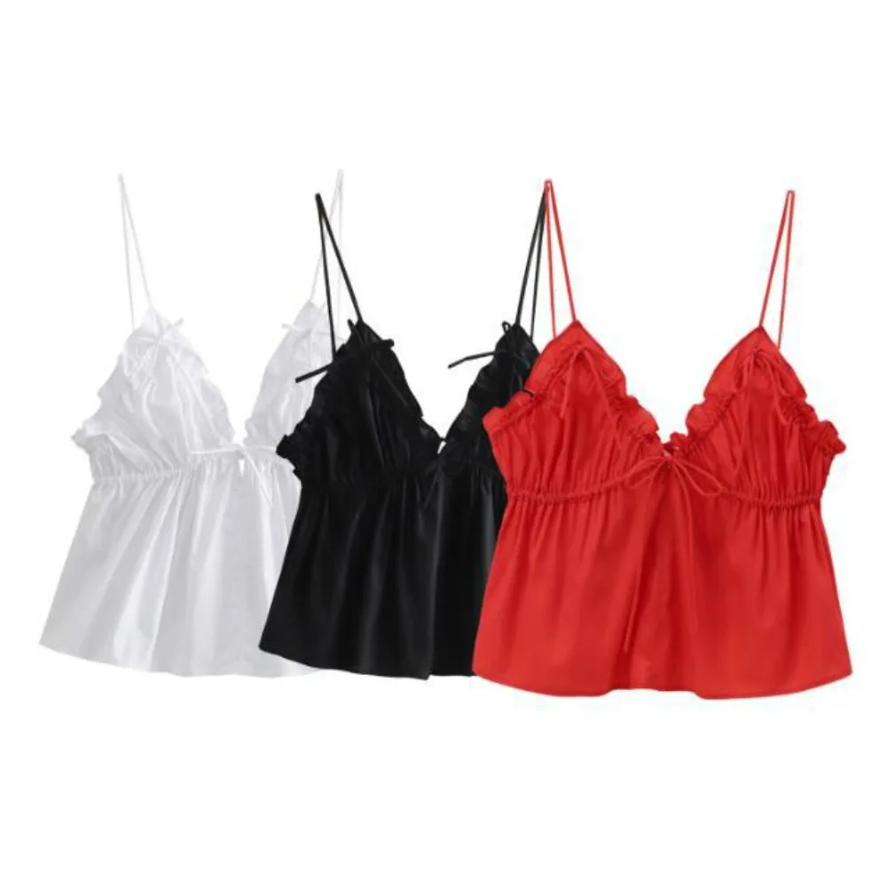 

AzaleeKa Sleeveless White Crop Top Woman 2025 Ruffle Backless Sexy Top Thin Straps Summer Tops Tied Corset Black Tank Top Women