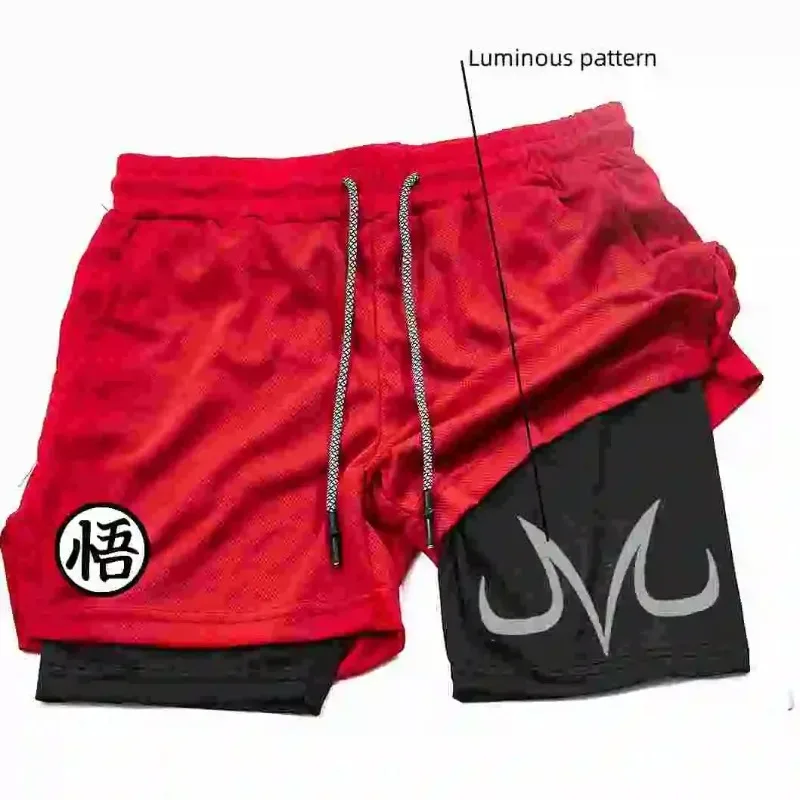 2-in-1-Sporthose für Herren mit Anime-Aufdruck für Fitness, Laufen, Training, schnell trocknende, atmungsaktive Sportshorts