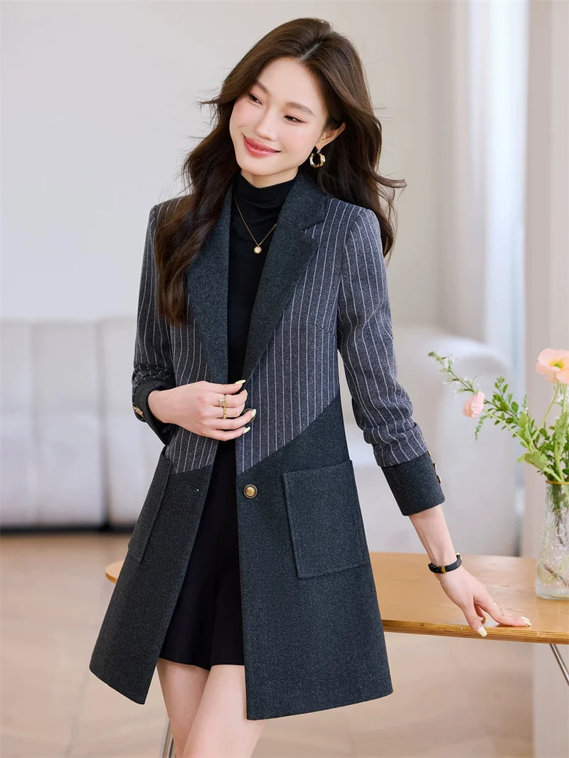 เสื้อเบลเซอร์ผ้าขนสัตว์ลายทางสำหรับผู้หญิง แขนยาว สไตล์ลำลอง เหมาะสำหรับใส่ทำงาน หรือเป็นเสื้อคลุมกันลม