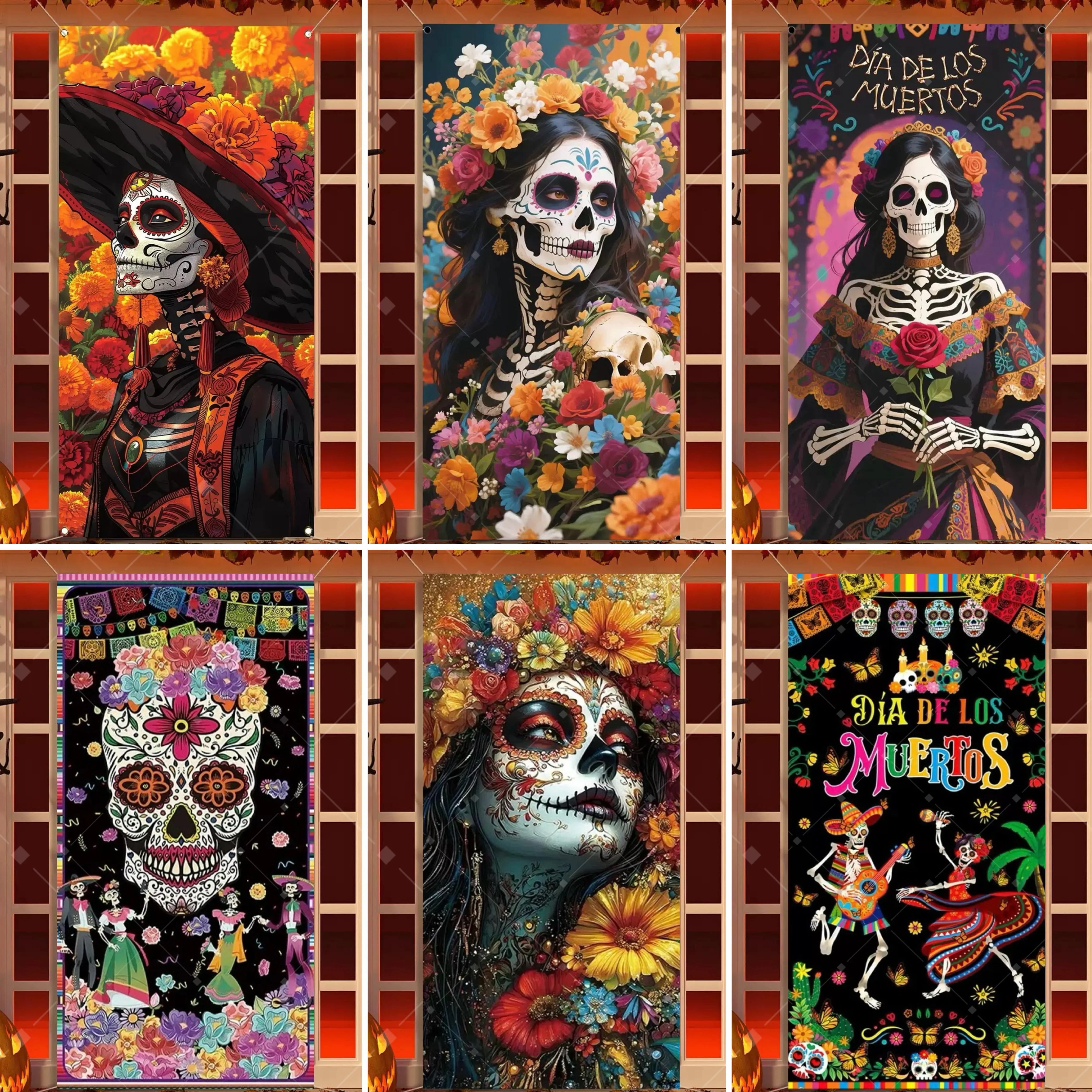 

Mexican Day of the Dead Carnival Photo Booth Party Door Cover Skeleton Halloween Photo Backdrop Party Decoration Banner