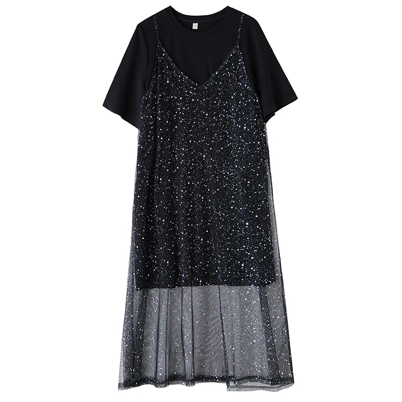 Été nouveau Design ample k Faion argent Me sangle couleur Pure t-shirt deux pièces ensemble jupe Midi boutonné tenues pour femmes