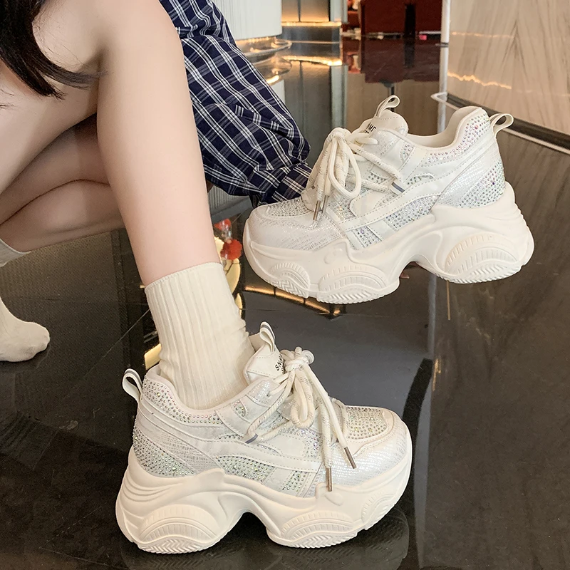 8CM Women Chunky Sneakers New 2026 Spring Crystal Lace-up High Platform Shoes Breathable Sport Shoes Wedge Heel Casual Dad Shoes - view 4