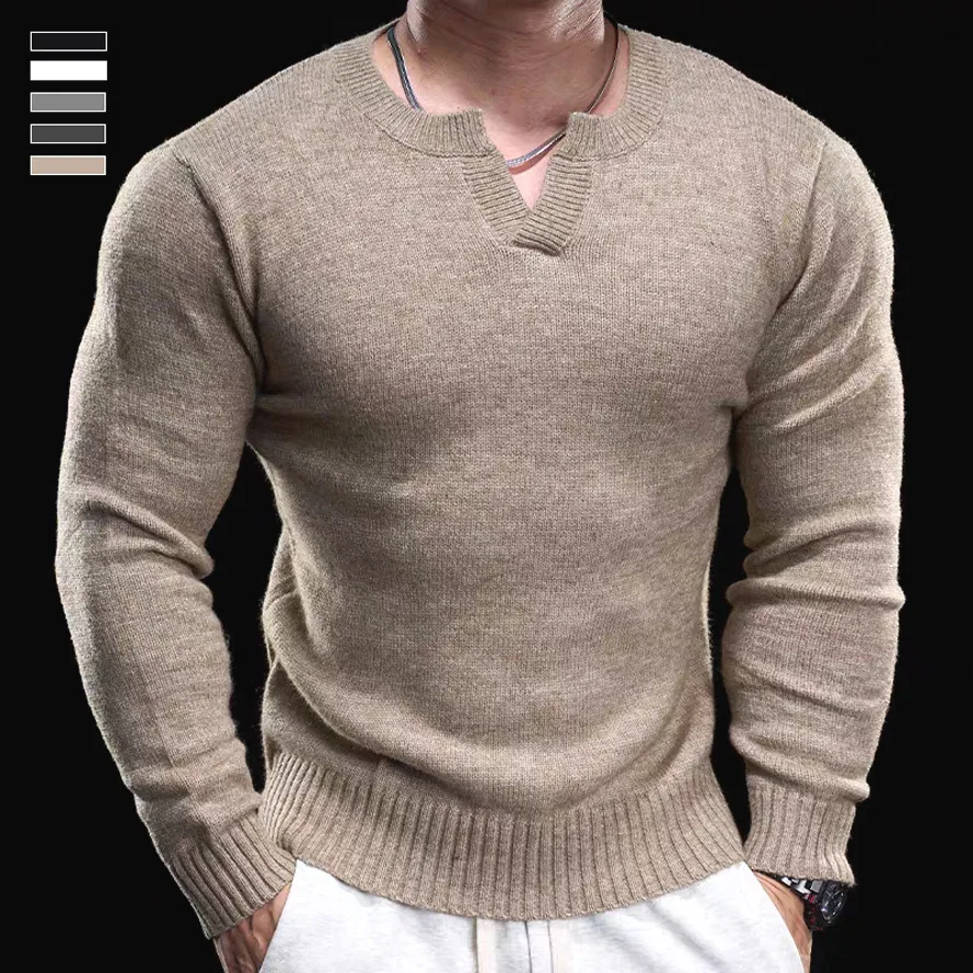 

Men's Knitted Slim Fit Stretch Long Sleeve Sweater Male V-Neck Wool Henley Shirt Vintage Business Versatile Pullover Base Shirt