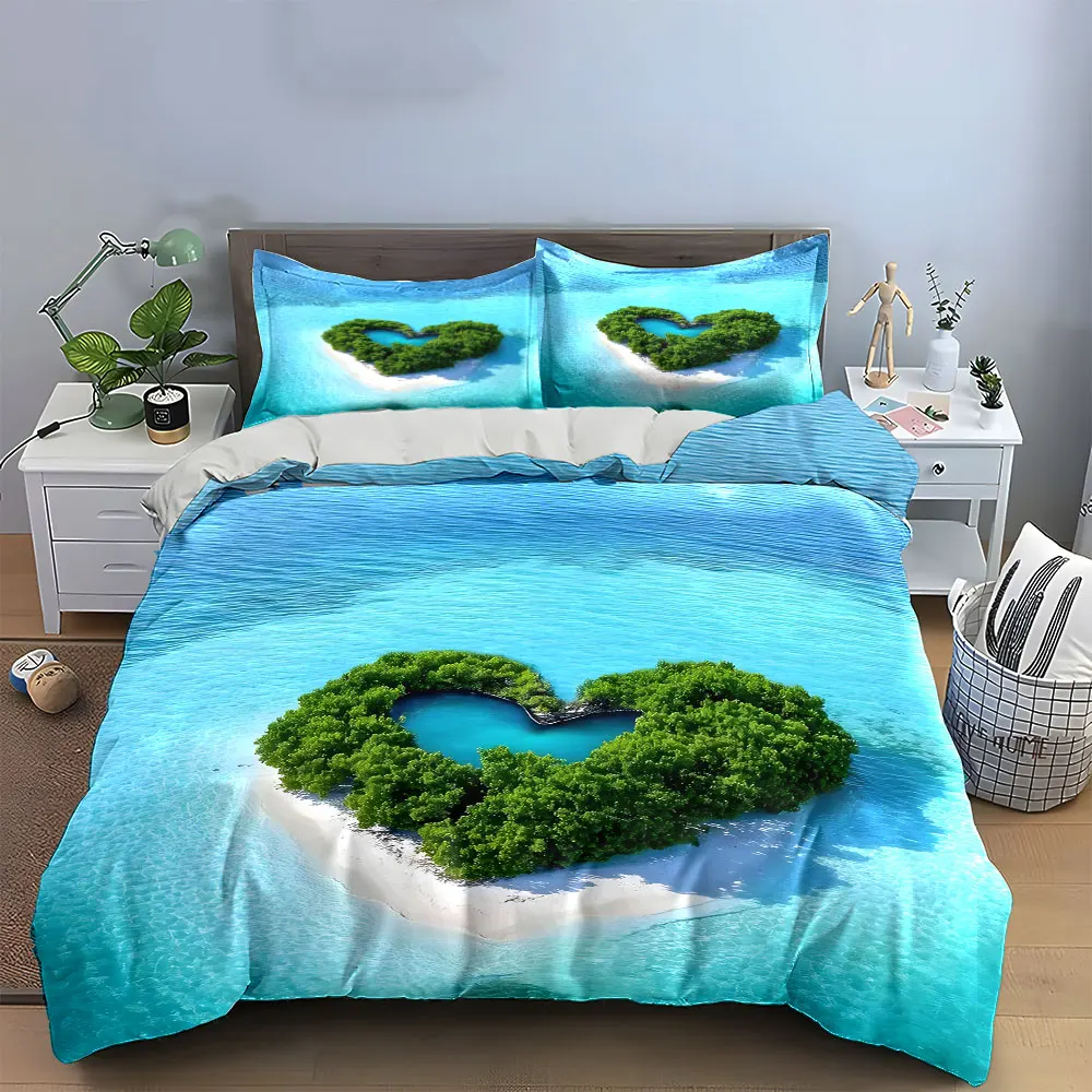 Heart-Shaped Island Nature Decor Bedding Set with 1 Duvet Cover 2 Pillowcases Single Double King Queen, Gift