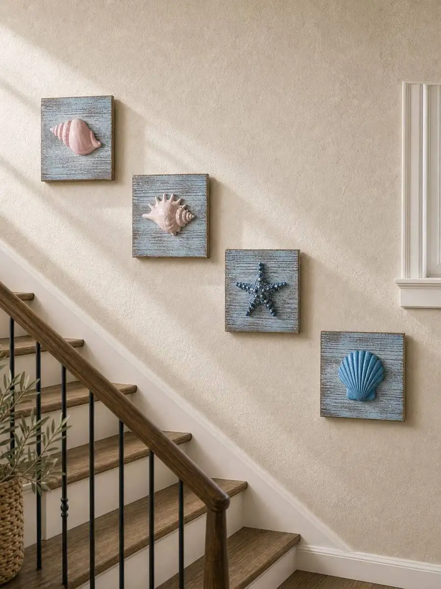 Mediterranean ocean style shell and starfish wooden 3D wall decoration set for living room, bedroom, and hotel