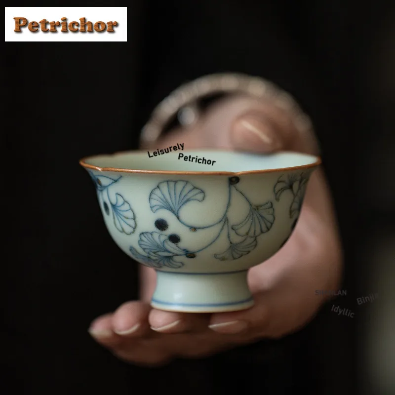 Antique Blue And White Ginkgo Leaf Teacup Zen Tea Bowl Cup For Tea Tea-tasting Fragrance Cup Chazhan Master Cups Tea Items Gift