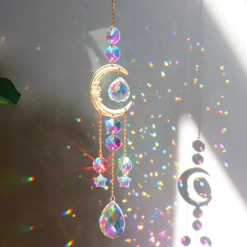 1 Piece Sun Moon Prism Pendant Crystal Wind Chime - Suncatcher, Bedroom Balcony Patio Decor, Good Home Decorations