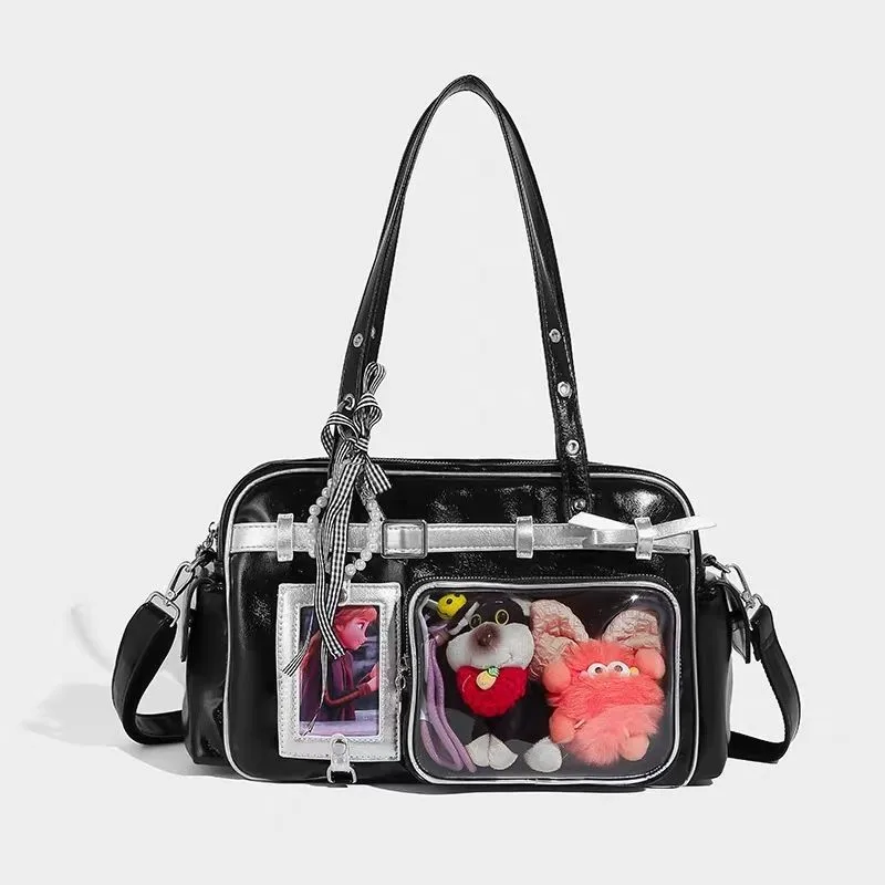 JIAERDI Sweet Cute Bow Tote Bag Women Color Block Large Capacity Harajuku Y2k Shoulder Bag Ladies Anime Transparent Doll Ita Bag