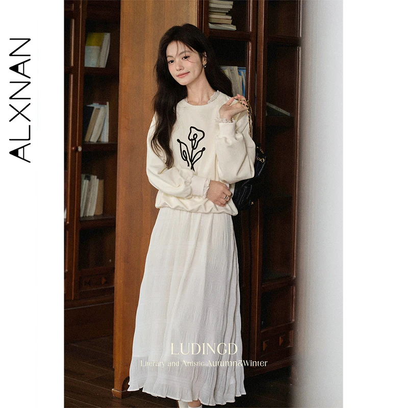 ALXNAN Women's Sweatshirts Apricot Round Neck Flower Pattern Lace Stitching Pullover Autumn Loose-fit Long Sleeve Tops L569106