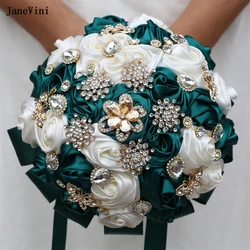 JaneVini Sparkly Gold strass gioielli bouquet da sposa rose di raso artificiale verde scuro avorio matrimonio sposa che tiene fiori