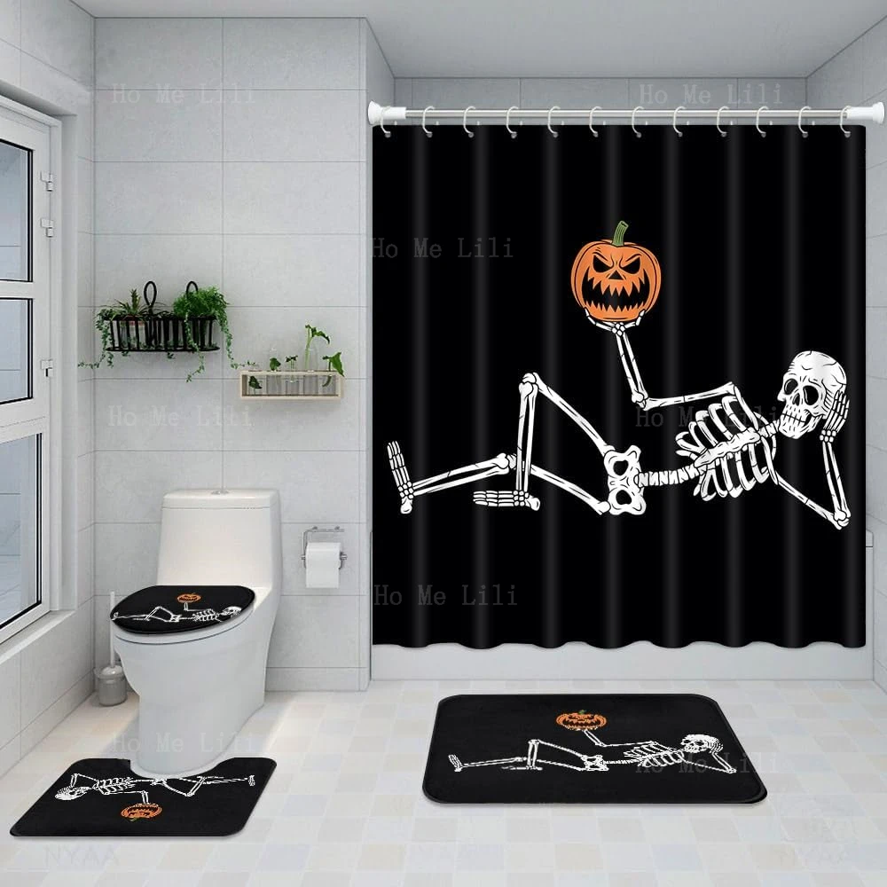 Halloween Skeleton And Pumpkins Shower Curtain Sets With Rugs Four-Piece