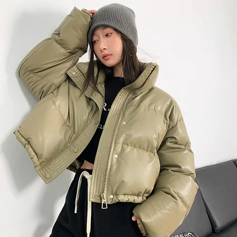 American Biker Women Pu Puffy Coat Winter Retro Cropped Parkas Casual Thick Warm Lady Long Sleeve Loose Cotton Down Coats