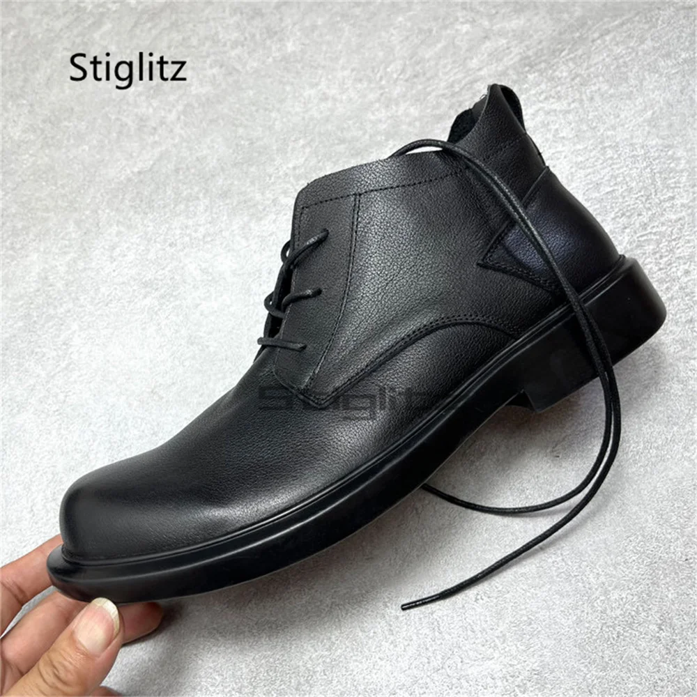 British Style Black Leather Derby Shoes for Men Round Toe Lace Up Thick Soled Casual Work Shoes Soft Leather Mid Top Boots