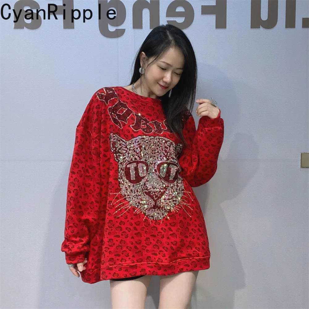 American Vintage Leopard Print Long Sleeve Women T-shirt All-match Oversize Mid-long Pullover Top Hot Diamonds Casual Hoodies