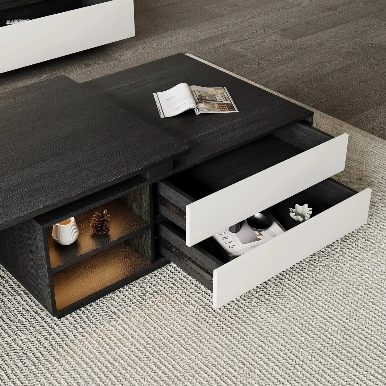 Modern LED Lighted Storage Coffee Table, Light Grey/Off White Wood Grain Finish Coffee Table With 2 Drawers, Storage Drawer And