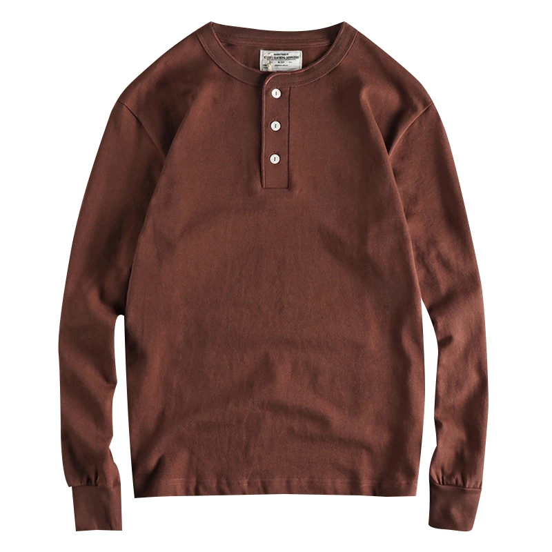Amekaji Retro Double Yarn 100% Cotton Henry Collar Long Sleeve T-shirt for Men Solid Color Basic Versatile Daily Youth Tees Tops