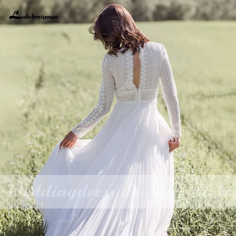 Robe de mariée sexy fendue sur le côté, robe de mariée de plage, manches longues, Boho, mousseline de soie, quelle que soit la longueur au sol, corsage en dentelle, été, 2021