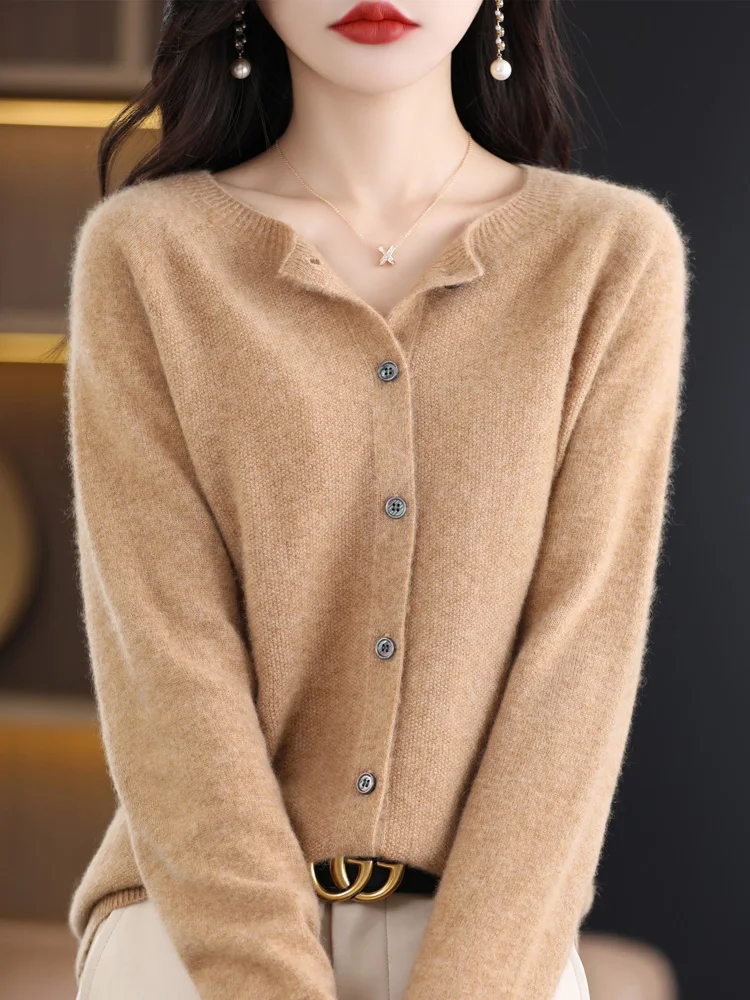 Women O-Neck Cashmere Cardigan 100% Merino Wool Sweater Buttoned Long Sleeve Knitwear For Spring Autumn Solid Basic Top Clothing