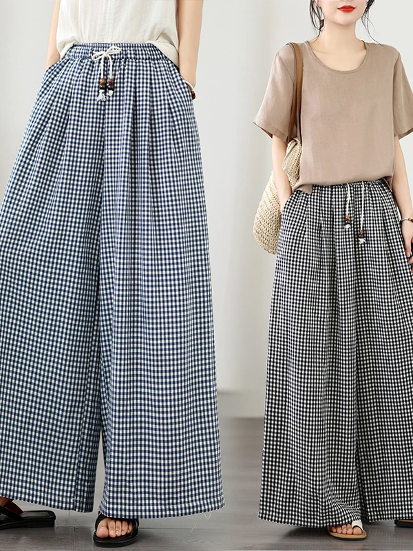 Retro Plaid Cotton Linen Wide Leg Pants Women Summer Loose Fit plus Size Drapey Conceal Flattering Casual High Waist Trousers