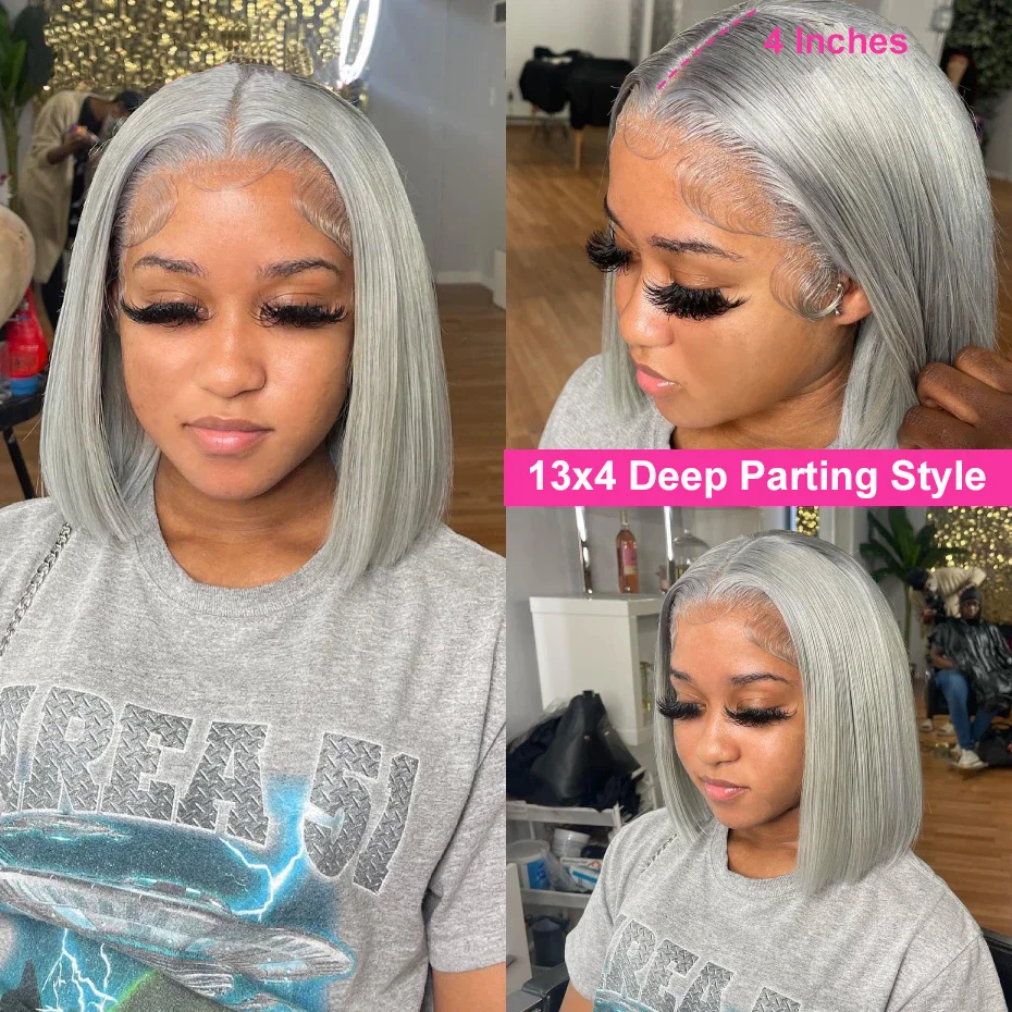 Straight Bob Gray 100% Virgin Human Hair Wig Lace Front Grey 13X4 Lace Frontal Bob Wig Colored Raw Human Hair Wigs 200 Density