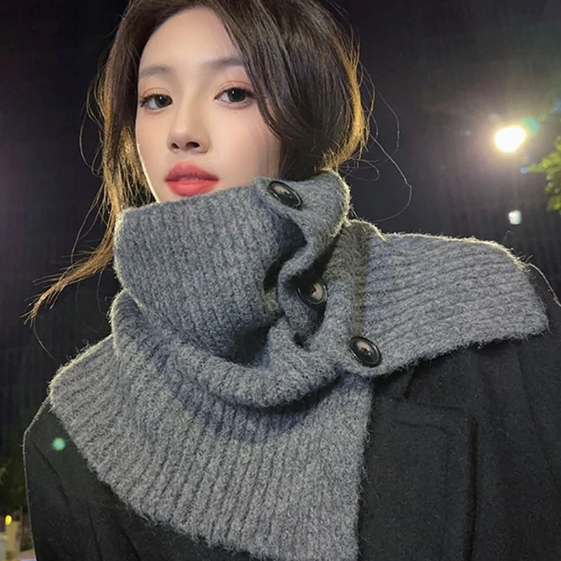 

Winter Knitted Neck Gaiter Women Thermal Neckerchief with Buttom Fake Collar Scarf Outdoor Warm Neck Cover Windproof Neckpiece