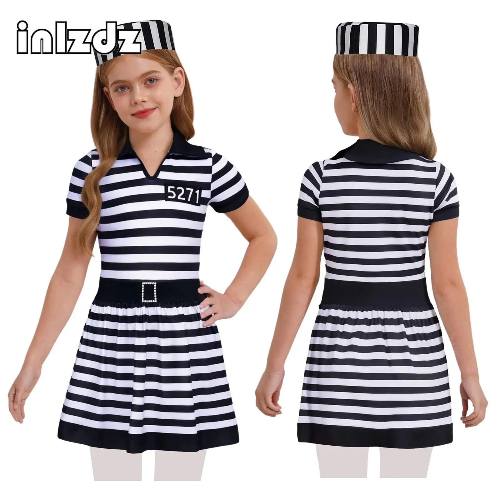 

Girs Prisoner Cosplay Costume Halloween Jailbird Inmate Outfit Short Sleeve Built-In Briefs Striped Dress+Convict Caps 2Pcs Set